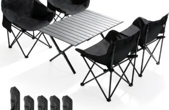 Warmiehomy Foldable Table and Chairs, Garden Table and Chairs Set 4, Carbon Steel Folding Table Fold up Chair with Side Pocket & Carry Bag, Outdoor Indoor Use for BBQ, Picnic, Parties (90cm Table)