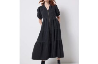 Washed Black Denim Zip Front Midi Tiered Dress