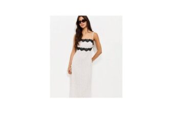 White Crinkled Polka Dot Lace Trim Strappy Midi Dress