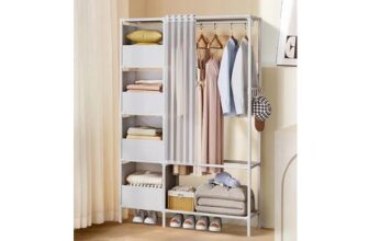 White Freestanding Portable Metal Clothes Closet with Storage Basket