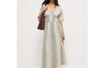 White Jacquard Striped Midi Dress