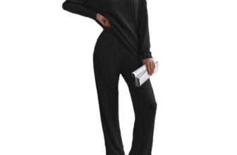 Womens 2pc Pajama Set: Ribbed Knit Top & Wide-Leg Pants