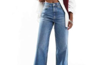Womens ASOS DESIGN wide leg dad jeans in dark mid blue