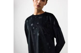 Womens Black Star Embossed Velour Co-Ord Pyjama Top Small & Medium