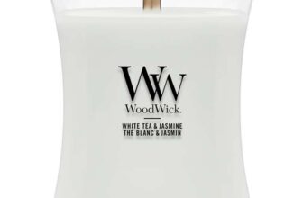 WoodWick Medium Hourglass Scented Candle White Tea & Jasmine 275g Crackling Wick Up to 60 Hours Burn Time – Like New – Sold By Amazon Resale