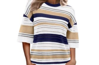 XIEERDUO Womens 3/4 Sleeve Eyelet Stripe Colour-Block Top UK10-12 DeepBlue