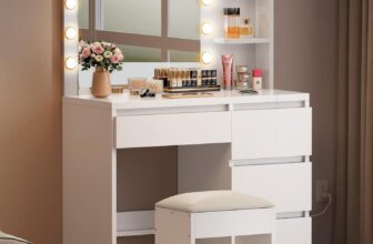 YITAHOME Dressing Table with Mirror and Stool, White Makeup Vanity Desk Dressing Table with Drawers, Open Shelves Morden Bedroom Dressing Tables with 12 LED Lights Adjustable Brightness