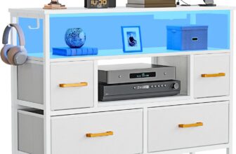 YITAHOME Fabric Drawers Cabinet with Power Outlets & LED Lights, Fabric Chest with 4 Drawers & 2 Hooks, Fits TVs up to 32 Inches, Chest of Drawers for Bedroom, Living Room, Home Office, White
