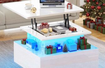 YITAHOME Modern Wooden Square Coffee Table with Lift Top, LED Light String, and 2 Drawers (60x60x45cm)