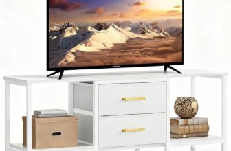 YITAHOME TV Stand, TV Cabinet up to 47 Inch, TV Unit with 2 Fabric Drawers and 2 Open Shelves, 110 x 30 x 50cm Chest of Drawers for Living Room, Entertainment Room, Bedroom Furniture, Steel Frame