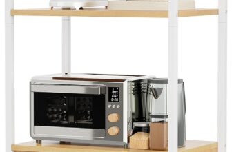 YITAHOME kitchen shelves, microwave shelf, bakers racks for kitchens with storage, coffee bar station, 3-Tier snack stand with Cabinet, 22 x 14.2 x 47.6 inch,Yellow oak plank White iron pipe