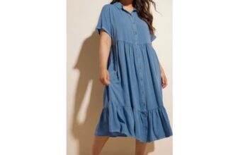YOURS Curve Blue Tiered Maxi Chambray Shirt Dress