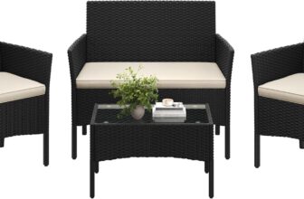 Yaheetech 4-Piece Rattan Patio Furniture Set, Outdoor 4 Seater Patio Conversation Sets with Glass Top Coffee Table, Weather Resistant Garden Conversation Set for Patio, Backyard, Deck, Black/Beige