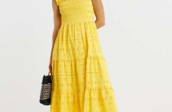 Yellow Broderie Shirred Midi Dress