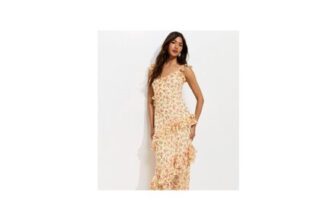 Yellow Chiffon Floral Ruffled Maxi Dress