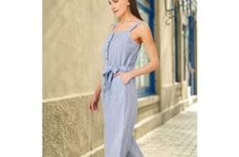 Yumi Blue Cotton Stripe Button through Jumpsuit