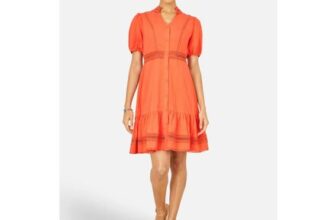 Yumi Orange Cotton Lace Trim Skater Shirt Dress
