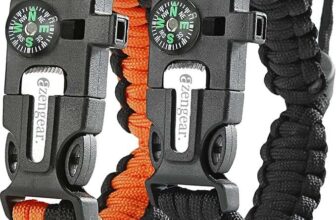 aZengear Paracord Survival Bracelet (2 Pack) Flint Steel Fire Starter, Whistle, Compass, Hiking , Camping Equipment (Black and Orange)