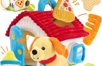 hahaland Plush Puppy Sensory Toys for Baby 6-12 Months, Interactive Pretend Play Toys with Mirror & Rattle, Montessori-Inspired Soft Toy Dog for Toddlers 1 Year Old, Gifts for Baby Boys Girls