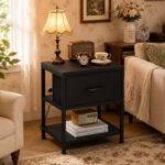 knoworld Slim Bedside Table with Fabric Drawer & Open Compartment, Charging Station, Narrow End Table for Small Bedroom, Black, 40x30x50cm