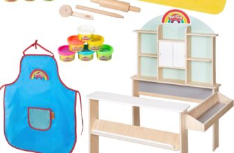 roba x Play-Doh Toy Shop for Kids – Playset Made of FSC-Certified Wood with 12 Dough Cans, 3 Wooden Tools, Apron & 3D Creative Mat – Educational Value – from 3 Years