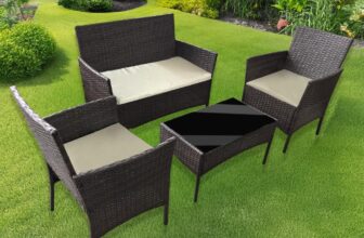 shine planet 4 Seater Garden Patio Furniture Set Rattan Garden Furniture with sponge padded water resistant cushions and Tempered Glass Table good for Garden, Backyard (Brown Beige Cushions)