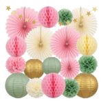 15Pcs Sage Green and Pink Party Decorations: Lanterns, Fans, Pom-Poms