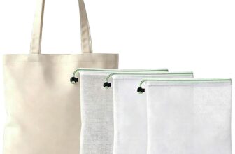 2 IN 1 BUNDLE SET: Cotton Canvas Tote Bag & 3 Reusable Mesh Produce Bags, Eco Grocery Shopping Kit for Fruit Vegetables