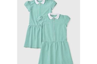 2 Pack Girls Green Gingham Knit Collar plus Fit School Dresses (3yrs)