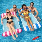 2 Pack Inflatable Pool Floats, Swimming Water Lounger Hammock for Adults, Air Pump Included, Pool Lounger Seat for Beach Summer Holiday, Blue and Red