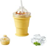 2-in-1 Foldable Ice Hockey Cup, Collapsible Silicone Ball Maker with Reusable Straw & Lid, Portable Leakproof Travel Tumbler for Coffee Camping Office Home (Yellow)