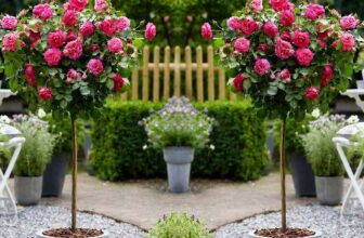 2 x Patio Standard PINK / RED Rose Trees circa 100cm tall – In Bud & Bloom