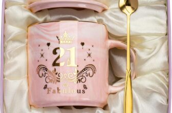 21st Birthday Mug for 21st Birthday Woman, 14oz Mug with Gold Print, Funny Gifts for 21 Year Old Women, Marbled Ceramic Coffee Mug, Pink, with Lid, Spoon, Greeting Card, Gift Box