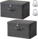 2PCS Storage Box with Lids and Zips,Grey Foldable Lockable Wardrobe Storage Organiser,Stackable Storage Boxes with Reinforced Handle,Clothes Storage Boxes for Blanket Toy Comforter Bed Sheet(S)