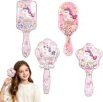 4-Pack Toddler Hair Brush Set, Pink Unicorn Kids Hair Brush with Rainbow Sequin- Soft Bristle Detangle Hair Brushes Set for Girls Curly & Straight Hair