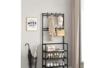 4 Tier Shoe Shelf Storage Organizer with Hooks Clothes Hanger Garment Rack