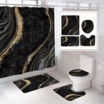 4Pcs Luxury Marble Shower Curtain Sets, Bathroom Décor Sets with Shower Curtain, Toilet Lid Rug, Contour and Bath Mat with 12 Hooks (72 x 72 Inch), Black