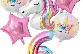 6 Years Old Birthday Decorations Unicorn Balloon Set 6PCS Large Foil Balloons with 3D Unicorn, Number 6, Stars & Hearts for Girls Birthday Party Decorations