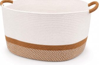 70L Large Woven Laundry Storage Basket 55x40x32cm (White&Brown),Ideal for Clothes, Blankets, Toys & Household Items. Perfect for Living Room, Bedroom or Nursery