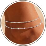 925 Silver Anklets Bracelets for Women 14k Gold Plated Waterproof Layered Stackable Non Tarnish Wave Charm Adjustable Anklet for Summer Beach Birthday Jewelry Gift