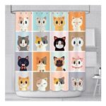 AIBIIN Cat Shower Curtain, Colorful Checkered, Waterproof Fabric, 180x180cm