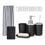 Amazon Basics Bathroom Set: Shower Curtain with Hooks, Memory Foam Bath Mat, Soap Dispenser, Soap Dish, Toothbrush Holder & Tumbler, Black