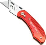 Amazon Basics Durable Folding Utility Knife with Aluminum Body, Red