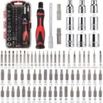 Amazon Basics Magnetic Ratchet Screwdriver Set with Wrench and Electronics Precision Bits, 73 Pieces – Black/Red/Silver