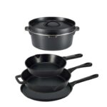 Amazon Basics Pre-Seasoned Cast Iron 5 Count Cookware Set includes a 26.67-cm Griddle, 20.3-cm & 26-cm Skillet, & 26-cm Dutch Oven & lid