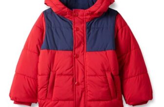 Amazon Essentials Boys Hooded Puffer Jacket, Navy-Red, 2 Years