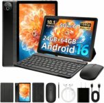 Android 16 Tablet, 10 inch Tablet, Android Tablets with Pen Case Keyboard Mouse Earphone, 24GB RAM64GB ROM (TF 1TB), 6000mAh, WiFi 6, BT5.4, Dual Cameras & Speakers, Black