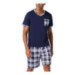 Aseniza Mens Cotton Pyjama Set, V-Neck, Short Sleeve, Checked