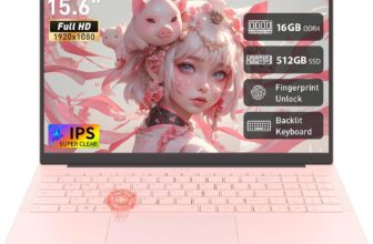 Auusda 15.6 Laptop, Compatible with Win11PRO, 16GB RAM 512GB SSD, Max 8TB Pink Lightweight Laptop, Backlit Keyboard, Fingerprint Sensor, USB-C, 6000mAh, Ideal for Student & Business