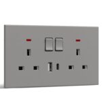 BSEED Double Socket with USB C, Electrical Double Switched Power Plug Wall Socket with LED Indicator, PC Wall Plate Outlet, Grey, 13A